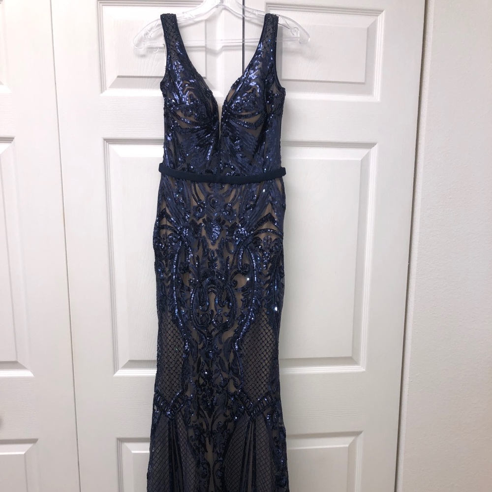 Navy blue sequined prom dress